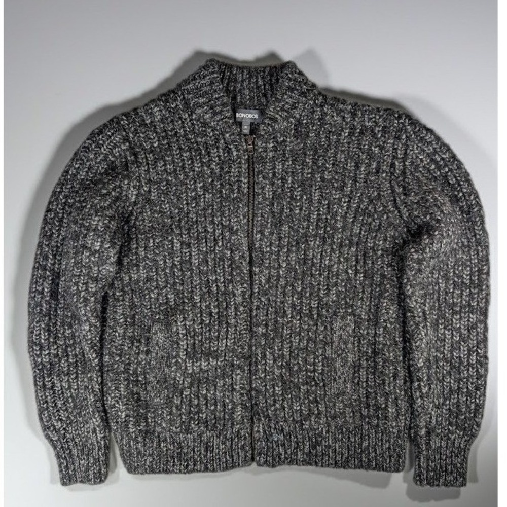 Bonobos Slim Fit Wool Alpaca Full Zip Cardigan Sweater Men's M Grey Chunky Knit